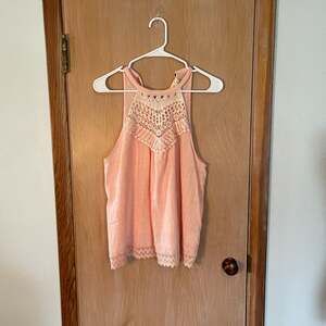 A. Peach Crochet Lace Halter Top Peach Pink Sleeveless Yoke Hem